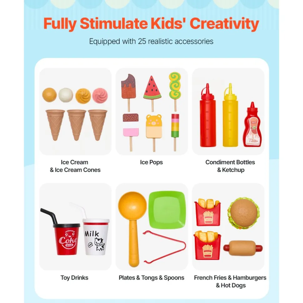VEVOR Ice Cream Cart for Kids, 20+ PCS Ice Cream Truck Wooden Playset, Pretend Play Stand with Steering Wheel & Chalkboard, Payment Scanner & Freezer, Faucet & Sink, Suitable for Kids 3-7 Years Old
