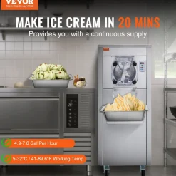 VEVOR Ice Cream Maker for Commercial Use, Produces 18 Liters per Hour, 1780W, Offers Single Flavor, Equipped with Wheels, 6L Stainless Cylinder, LED Display, Automatic Cleaning & Pre-cooling Functi