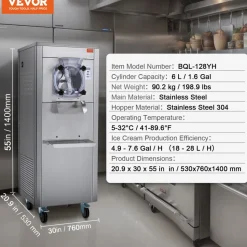 VEVOR Ice Cream Maker for Commercial Use, Produces 18 Liters per Hour, 1780W, Offers Single Flavor, Equipped with Wheels, 6L Stainless Cylinder, LED Display, Automatic Cleaning & Pre-cooling Functi