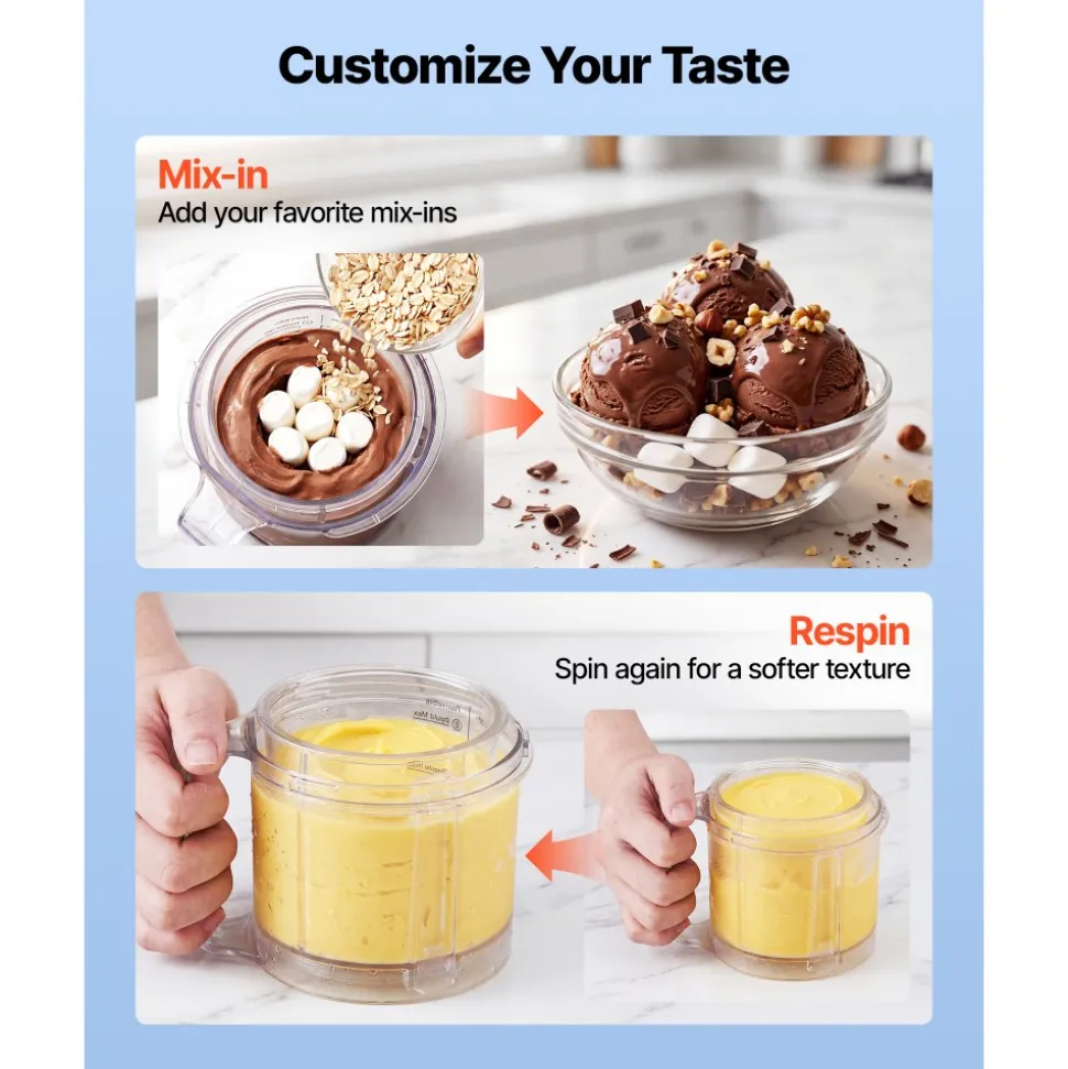 VEVOR Ice Cream Maker, 7-in-1 Frozen Treat Maker for Gelato, Sorbet, Milkshake, Frozen Yogurt & Lite Ice Cream, Homemade Ice-Cream Machine with One-Touch Mix-in + Respin for Smooth, Creamy Texture