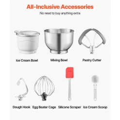 VEVOR Ice Cream Maker, 1.8 Qt. Capacity, 6-Speed Electric Stand Mixer, with LED Digital Display & Timer, Mixing Paddle, Dough Hook, Splash Guard, for Homemade Frozen Yogurt Fruit Sorbet Gelato, Grey