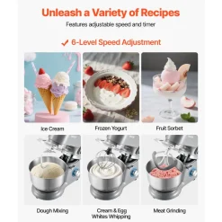 VEVOR Ice Cream Maker, 1.8 Qt. Capacity, 6-Speed Electric Stand Mixer, with LED Digital Display & Timer, Mixing Paddle, Dough Hook, Splash Guard, for Homemade Frozen Yogurt Fruit Sorbet Gelato, Grey