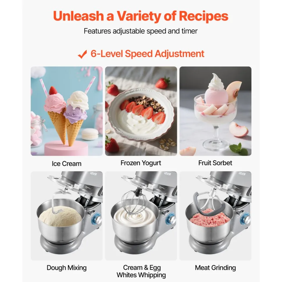 VEVOR Ice Cream Maker, 1.8 Qt. Capacity, 6-Speed Electric Stand Mixer, with LED Digital Display & Timer, Mixing Paddle, Dough Hook, Splash Guard, for Homemade Frozen Yogurt Fruit Sorbet Gelato, Grey