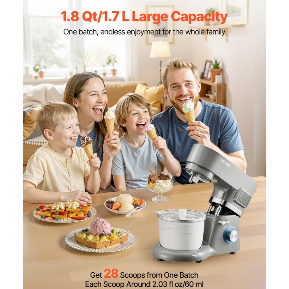 VEVOR Ice Cream Maker, 1.8 Qt. Capacity, 6-Speed Electric Stand Mixer, with LED Digital Display & Timer, Mixing Paddle, Dough Hook, Splash Guard, for Homemade Frozen Yogurt Fruit Sorbet Gelato, Grey