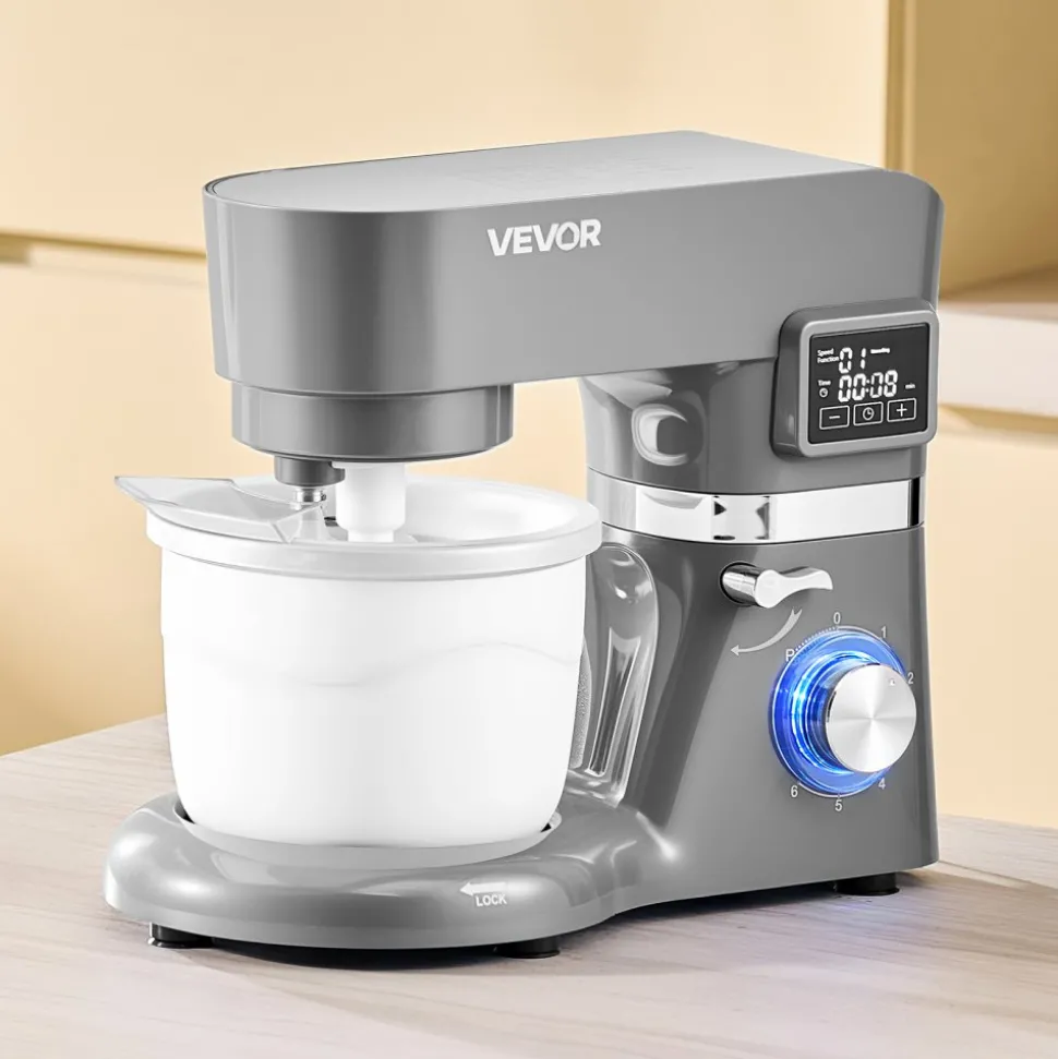 VEVOR Ice Cream Maker, 1.8 Qt. Capacity, 6-Speed Electric Stand Mixer, with LED Digital Display & Timer, Mixing Paddle, Dough Hook, Splash Guard, for Homemade Frozen Yogurt Fruit Sorbet Gelato, Grey