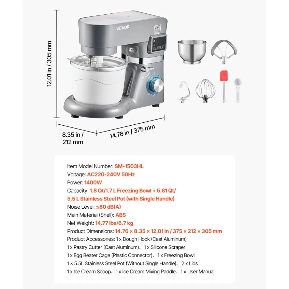 VEVOR Ice Cream Maker, 1.8 Qt. Capacity, 6-Speed Electric Stand Mixer, with LED Digital Display & Timer, Mixing Paddle, Dough Hook, Splash Guard, for Homemade Frozen Yogurt Fruit Sorbet Gelato, Grey