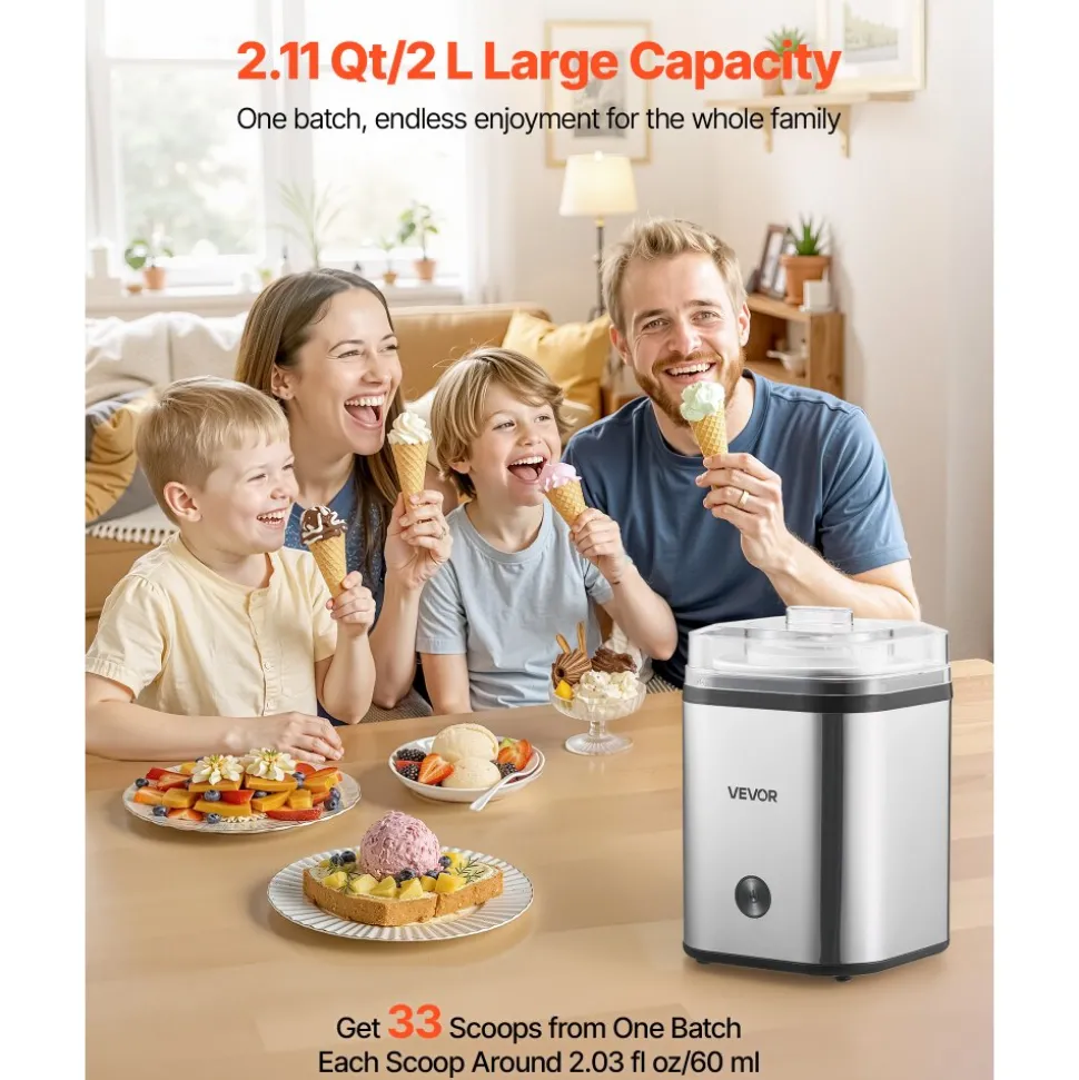 VEVOR Ice Cream Maker, 2.11 Qt. Large Capacity, Electric Automatic Ice-Cream Machine, with Easy Operation & Cleaning, Stainless Steel Shell, for Homemade Frozen Yogurt, Fruit Sorbet, Gelato, Silver