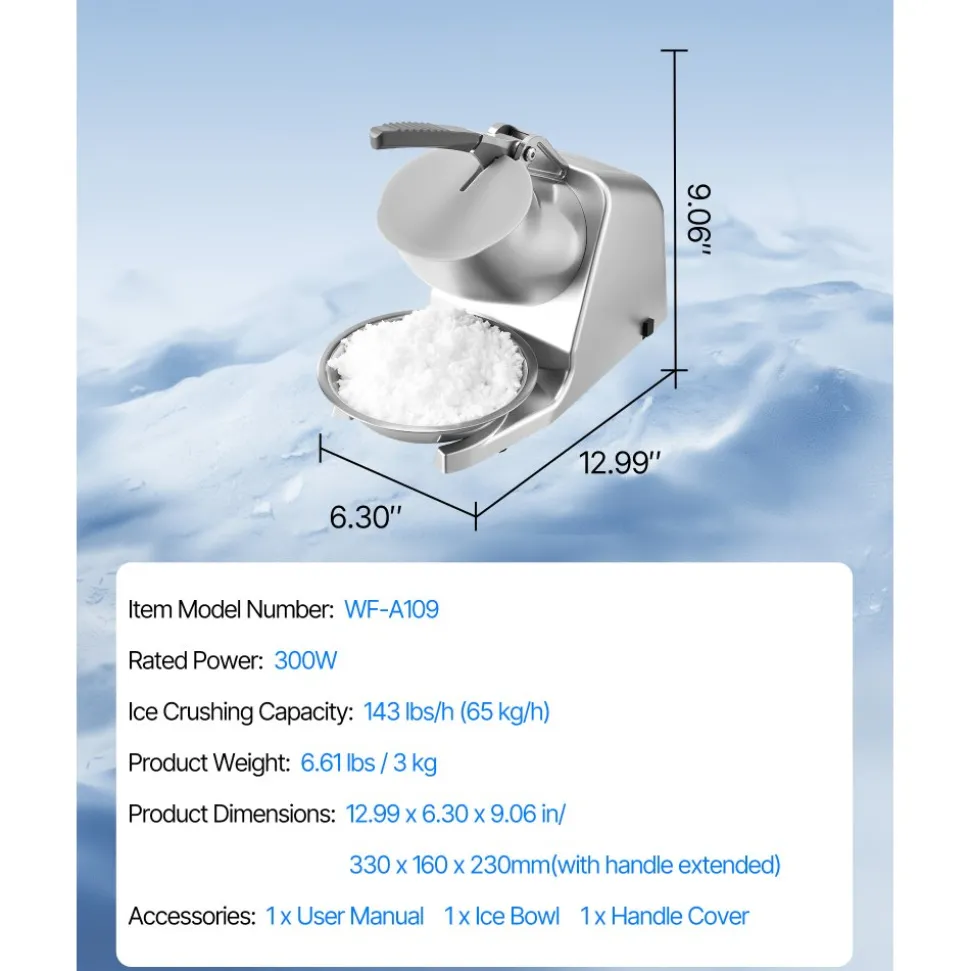 VEVOR Ice Crusher Machine, 143lbs Per Hour Electric 2 Blades Snow Cone Maker, Stainless Steel Shaved Ice Machine with Bowl and Cover, 300W 2000RPM Ice-Shaver for Home and Commercial Use, Silver