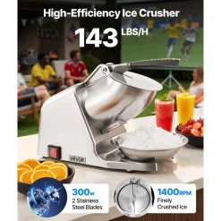 VEVOR Ice Crusher Machine, 143lbs Per Hour Electric 2 Blades Snow Cone Maker, Stainless Steel Shaved Ice Machine with Bowl and Cover, 300W 2000RPM Ice-Shaver for Home and Commercial Use, Silver