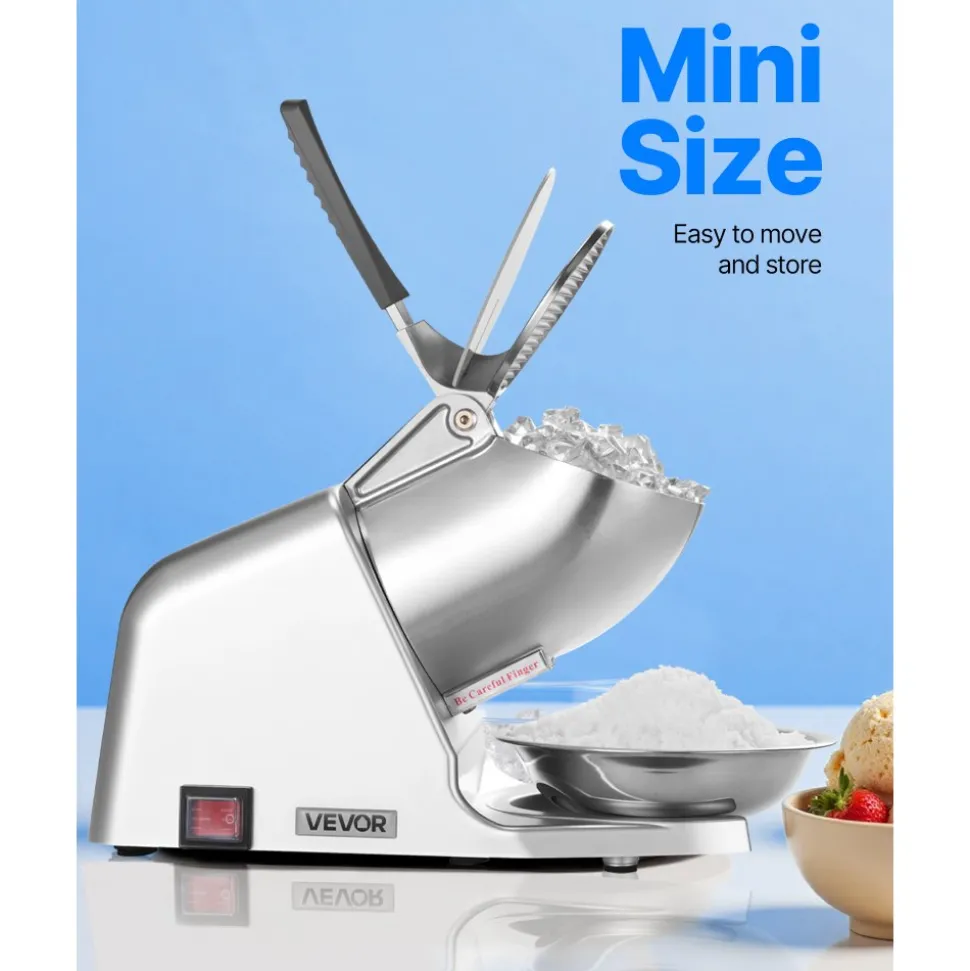 VEVOR Ice Crusher Machine, 143lbs Per Hour Electric 2 Blades Snow Cone Maker, Stainless Steel Shaved Ice Machine with Bowl and Cover, 300W 2000RPM Ice-Shaver for Home and Commercial Use, Silver