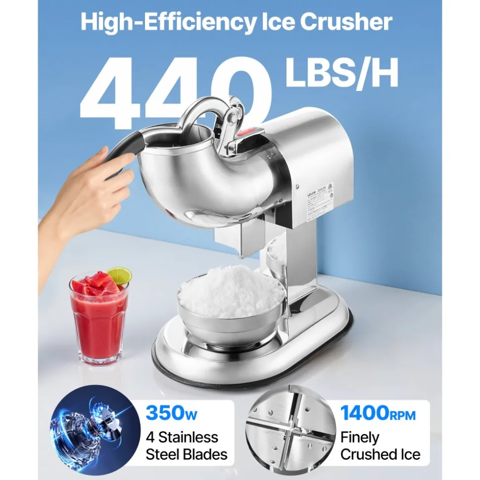 VEVOR Ice Crusher Machine, 440lbs Per Hour Electric 4 Blades Snow Cone Maker, All Stainless Steel Shaved Ice Machine with Bowl and Cover, 350W 1400RPM Ice-Shaver for Home and Commercial Use, Silver