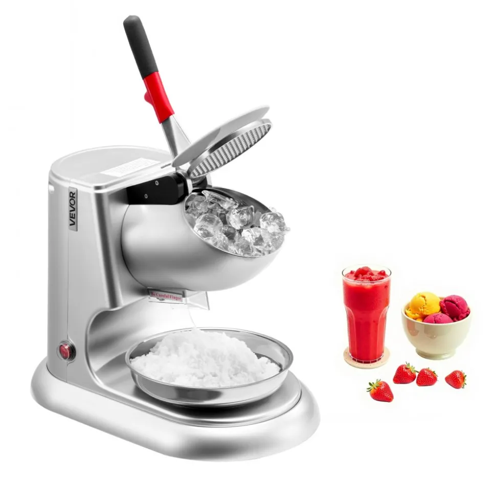 VEVOR Ice Crusher Machine, 220lbs Per Hour Electric 4 Blades Snow Cone Maker, Stainless Steel Shaved Ice Machine with Bowl and Cover, 300W 2000RPM Ice-Shaver for Home and Commercial Use, Silver