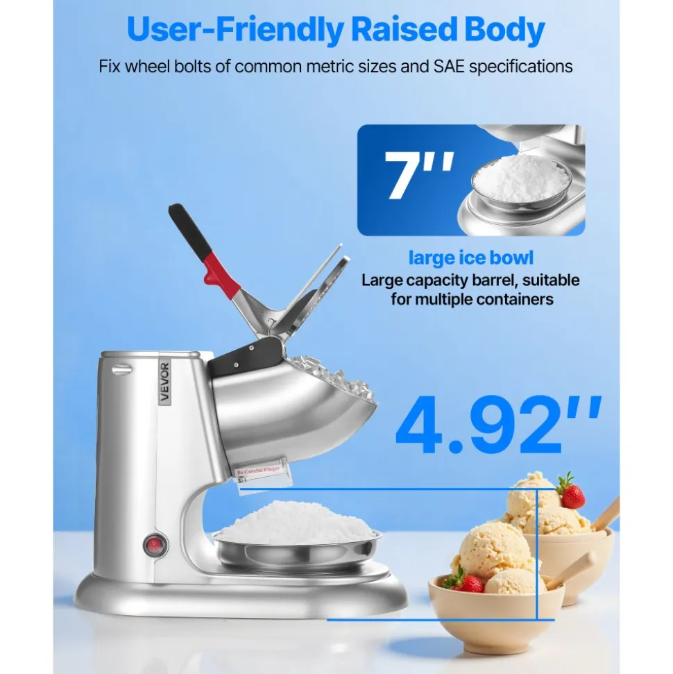 VEVOR Ice Crusher Machine, 220lbs Per Hour Electric 4 Blades Snow Cone Maker, Stainless Steel Shaved Ice Machine with Bowl and Cover, 300W 2000RPM Ice-Shaver for Home and Commercial Use, Silver