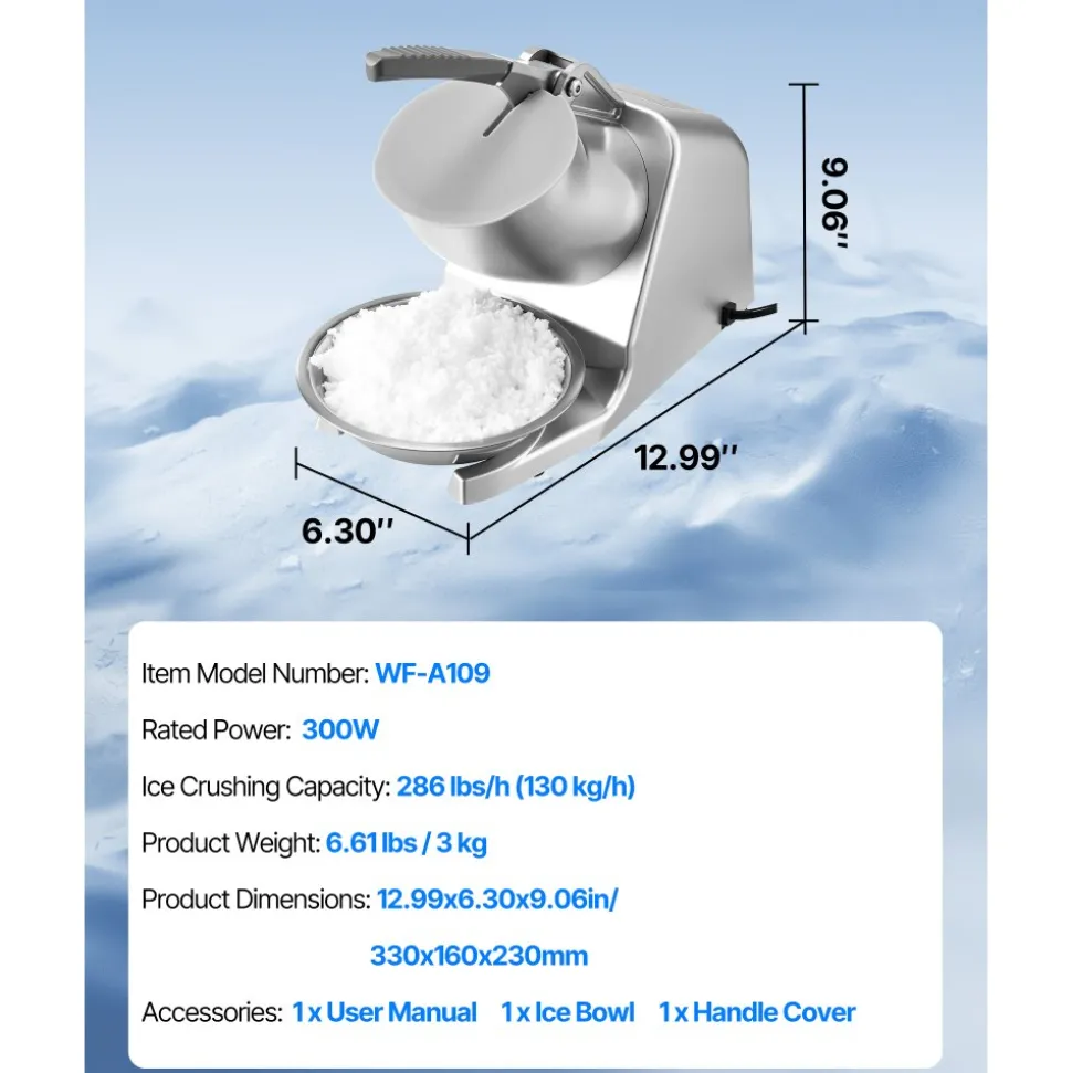 VEVOR Ice Crusher Machine, 286lbs Per Hour Electric 4 Blades Snow Cone Maker, Stainless Steel Shaved Ice Machine with Bowl and Cover, 300W 2000RPM Ice-Shaver for Home and Commercial Use, Silver