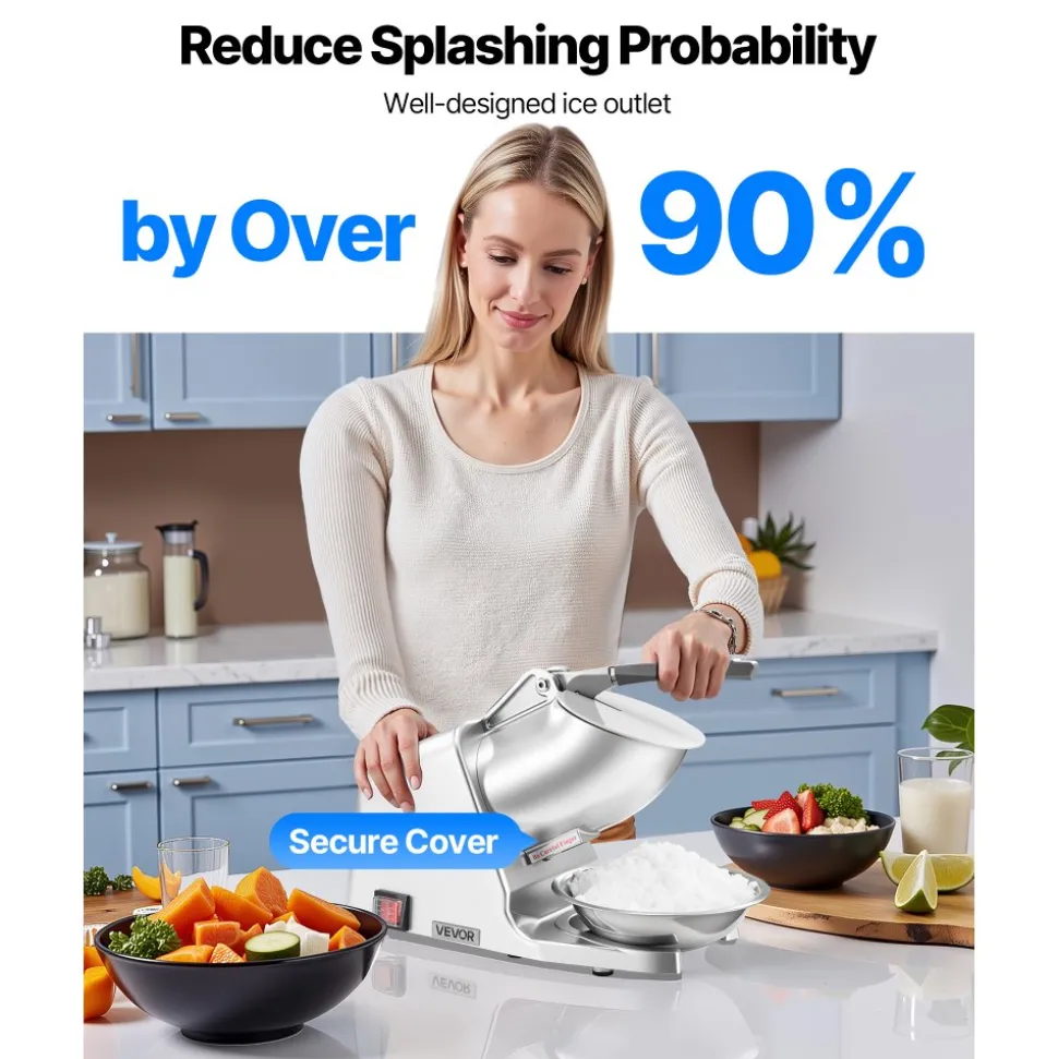 VEVOR Ice Crusher Machine, 286lbs Per Hour Electric 4 Blades Snow Cone Maker, Stainless Steel Shaved Ice Machine with Bowl and Cover, 300W 2000RPM Ice-Shaver for Home and Commercial Use, Silver