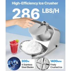 VEVOR Ice Crusher Machine, 286lbs Per Hour Electric 4 Blades Snow Cone Maker, Stainless Steel Shaved Ice Machine with Bowl and Cover, 300W 2000RPM Ice-Shaver for Home and Commercial Use, Silver
