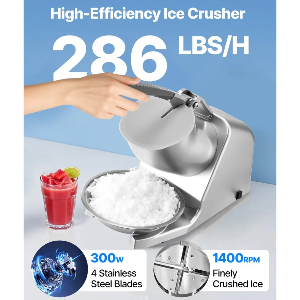 VEVOR Ice Crusher Machine, 286lbs Per Hour Electric 4 Blades Snow Cone Maker, Stainless Steel Shaved Ice Machine with Bowl and Cover, 300W 2000RPM Ice-Shaver for Home and Commercial Use, Silver