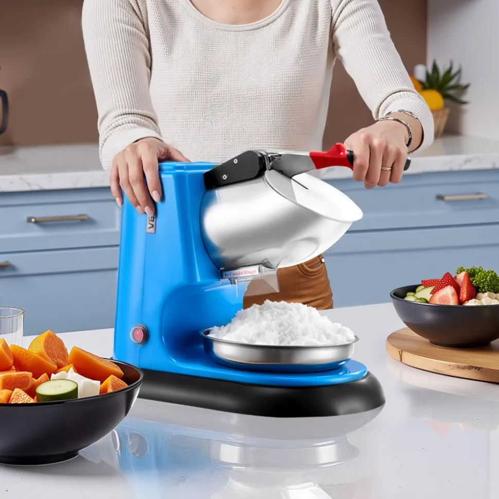 VEVOR Ice Crusher Machine, 220lbs Per Hour Electric 4 Blades Snow Cone Maker, Stainless Steel Shaved Ice Machine with Bowl and Cover, 300W 1400RPM Ice-Shaver for Home and Commercial Use, Blue