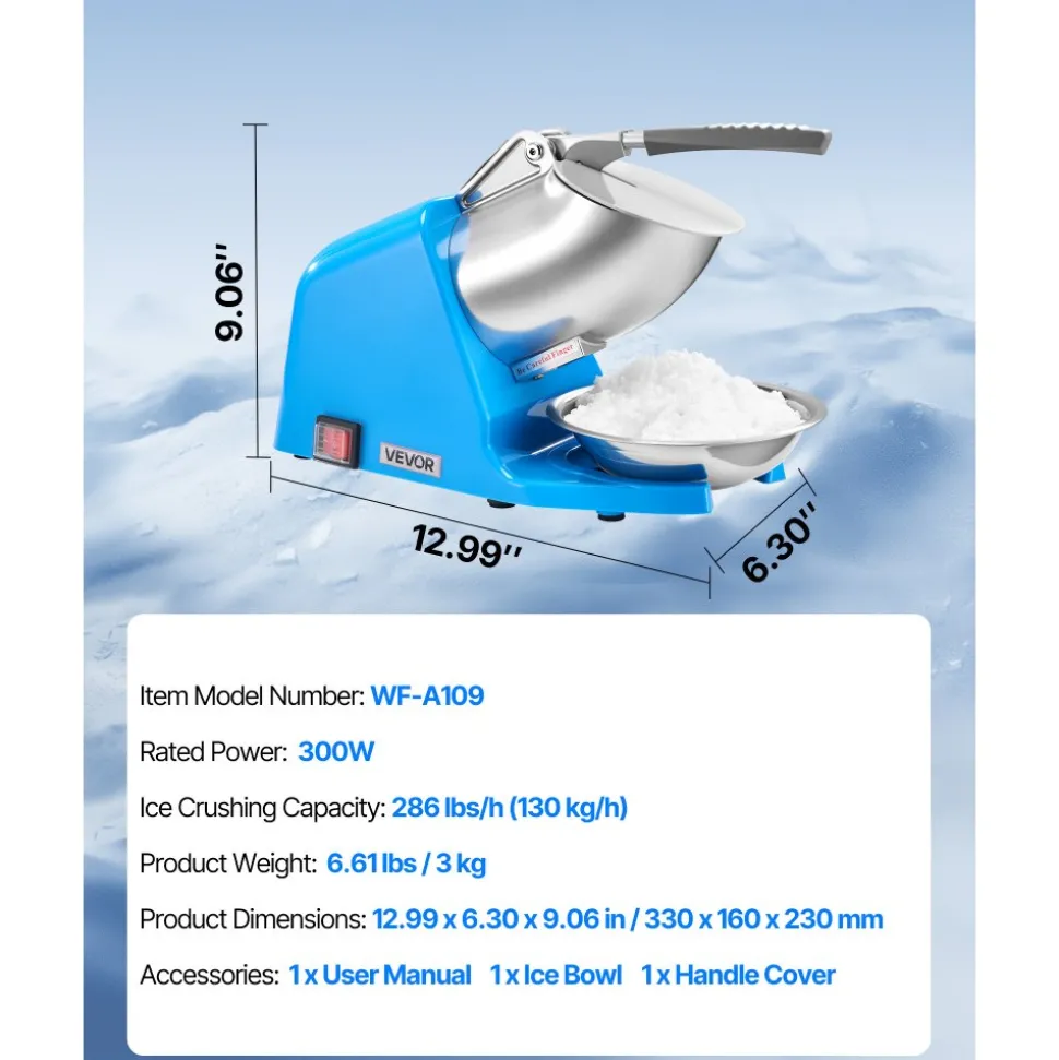 VEVOR Ice Crusher Machine, 286lbs Per Hour Electric 4 Blades Snow Cone Maker, Stainless Steel Shaved Ice Machine with Bowl and Cover, 300W 2000RPM Ice-Shaver for Home and Commercial Use, Blue