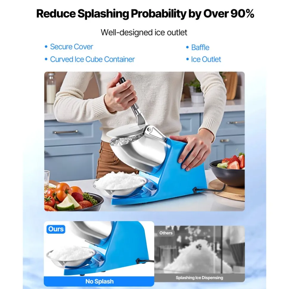 VEVOR Ice Crusher Machine, 286lbs Per Hour Electric 4 Blades Snow Cone Maker, Stainless Steel Shaved Ice Machine with Bowl and Cover, 300W 2000RPM Ice-Shaver for Home and Commercial Use, Blue