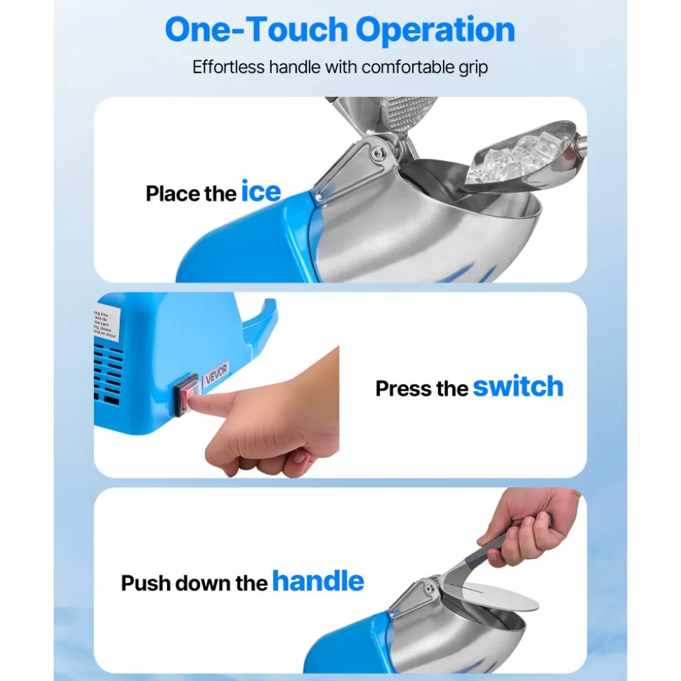 VEVOR Ice Crusher Machine, 286lbs Per Hour Electric 4 Blades Snow Cone Maker, Stainless Steel Shaved Ice Machine with Bowl and Cover, 300W 2000RPM Ice-Shaver for Home and Commercial Use, Blue