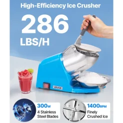 VEVOR Ice Crusher Machine, 286lbs Per Hour Electric 4 Blades Snow Cone Maker, Stainless Steel Shaved Ice Machine with Bowl and Cover, 300W 2000RPM Ice-Shaver for Home and Commercial Use, Blue