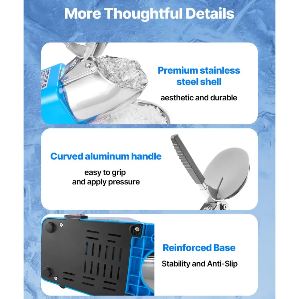 VEVOR Ice Crusher Machine, 286lbs Per Hour Electric 4 Blades Snow Cone Maker, Stainless Steel Shaved Ice Machine with Bowl and Cover, 300W 2000RPM Ice-Shaver for Home and Commercial Use, Blue