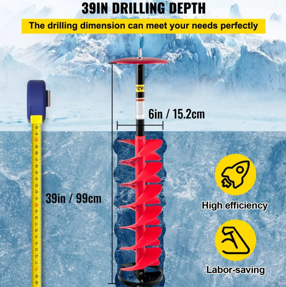 VEVOR Ice Drill Auger, 6" Diameter Nylon Ice Auger, 39" Length Ice Auger Bit,Auger Drill with 11.8" Extension Rod,Auger Bit with Drill Adapter,Top Plate & Blade Guard for Ice Fishing Ice Burrowing