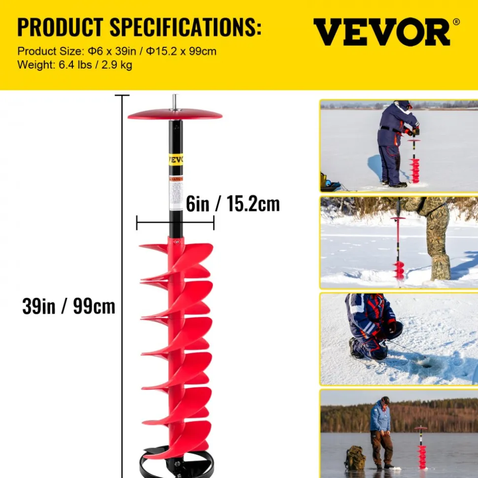 VEVOR Ice Drill Auger, 6" Diameter Nylon Ice Auger, 39" Length Ice Auger Bit,Auger Drill with 11.8" Extension Rod,Auger Bit with Drill Adapter,Top Plate & Blade Guard for Ice Fishing Ice Burrowing