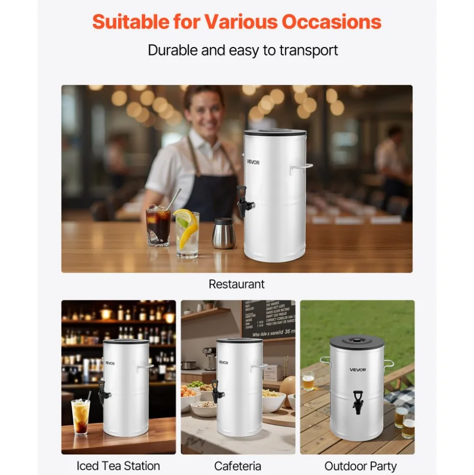 VEVOR Ice Tea Dispenser, 4 Gal/15L 304 Stainless Steel Beverage Dispenser with Spigot & Handle, Suitable for Hot and Cold Drinks, for Iced Tea Coffee Water in Cafes & Restaurants
