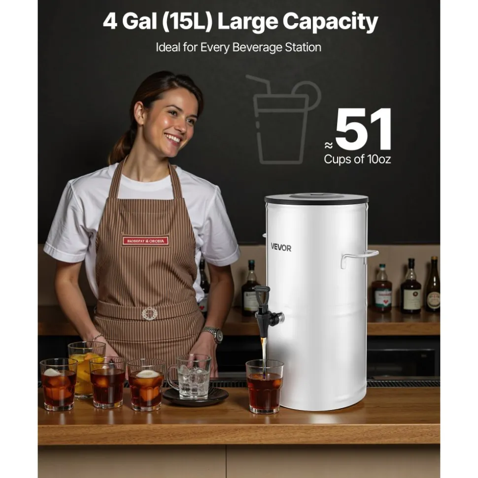 VEVOR Ice Tea Dispenser, 4 Gal/15L 304 Stainless Steel Beverage Dispenser with Spigot & Handle, Suitable for Hot and Cold Drinks, for Iced Tea Coffee Water in Cafes & Restaurants