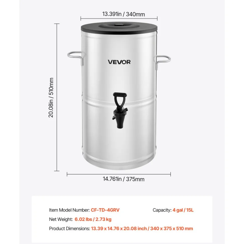 VEVOR Ice Tea Dispenser, 4 Gal/15L 304 Stainless Steel Beverage Dispenser with Spigot & Handle, Suitable for Hot and Cold Drinks, for Iced Tea Coffee Water in Cafes & Restaurants