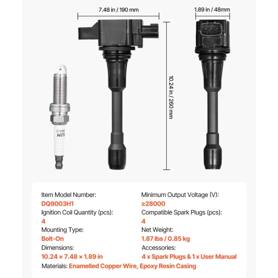 VEVOR Ignition Coil Pack and Spark Plugs, Set of 4, Compatible with Nissan Altima Versa Sentra Cube Rogue NV200 2.5L 2.0L 1.8L 1.6L L4, Replacement for 22448ED000 22448JA00A 22448JA00C 22448-JA00A