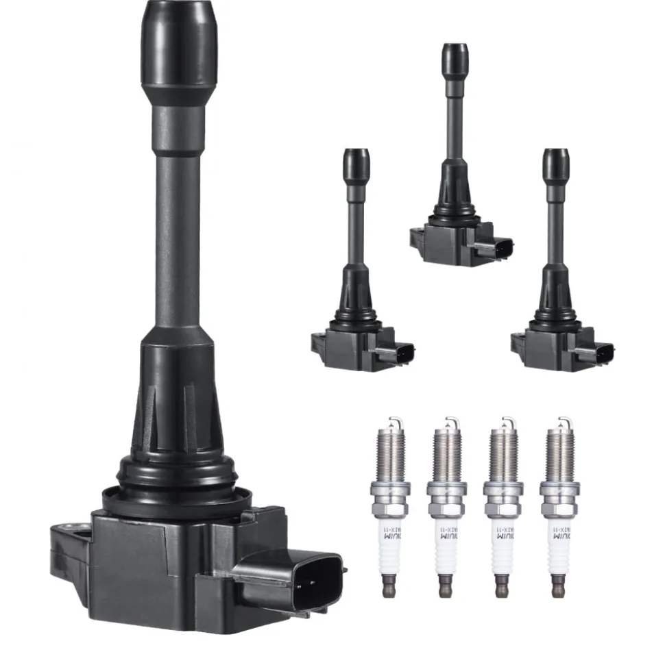 VEVOR Ignition Coil Pack and Spark Plugs, Set of 4, Compatible with Nissan Altima Versa Sentra Cube Rogue NV200 2.5L 2.0L 1.8L 1.6L L4, Replacement for 22448ED000 22448JA00A 22448JA00C 22448-JA00A
