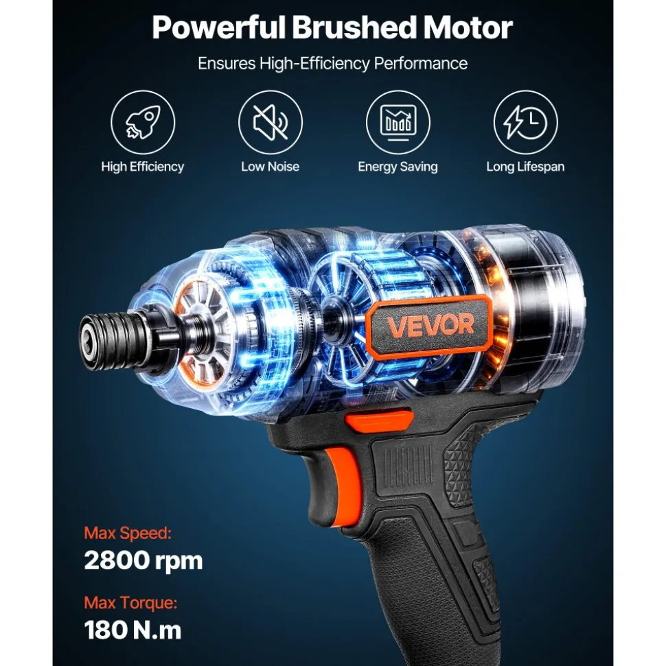 VEVOR Impact Driver, 1/4 Inch, 2800 RPM Max Speed, 20 V Powerful Motor, Electric Cordless Impact Driver Kit with Battery and Charger, 10 Bits, LED Work Light, for Furniture, Electrical, Home Repairs