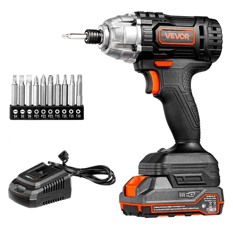 VEVOR Impact Driver, 1/4 Inch, 2800 RPM Max Speed, 20 V Powerful Motor, Electric Cordless Impact Driver Kit with Battery and Charger, 10 Bits, LED Work Light, for Furniture, Electrical, Home Repairs