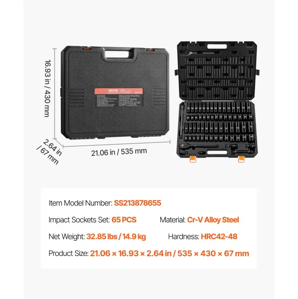 VEVOR Impact Socket Set, 1/2" Drive, 65-Piece Socket Set, 6 Point Sockets, SAE 3/8" to 1-1/4" and Metric 10-24 mm, Easy to Identify, with a Sturdy Storage Case, Cr-V Alloy Steel for Vehicles Repair