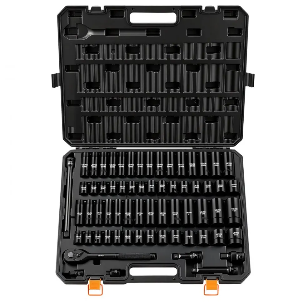 VEVOR Impact Socket Set, 1/2" Drive, 65-Piece Socket Set, 6 Point Sockets, SAE 3/8" to 1-1/4" and Metric 10-24 mm, Easy to Identify, with a Sturdy Storage Case, Cr-V Alloy Steel for Vehicles Repair