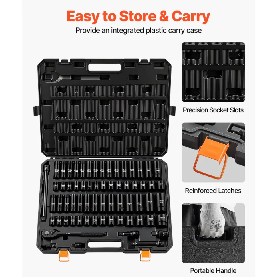 VEVOR Impact Socket Set, 1/2" Drive, 65-Piece Socket Set, 6 Point Sockets, SAE 3/8" to 1-1/4" and Metric 10-24 mm, Easy to Identify, with a Sturdy Storage Case, Cr-V Alloy Steel for Vehicles Repair