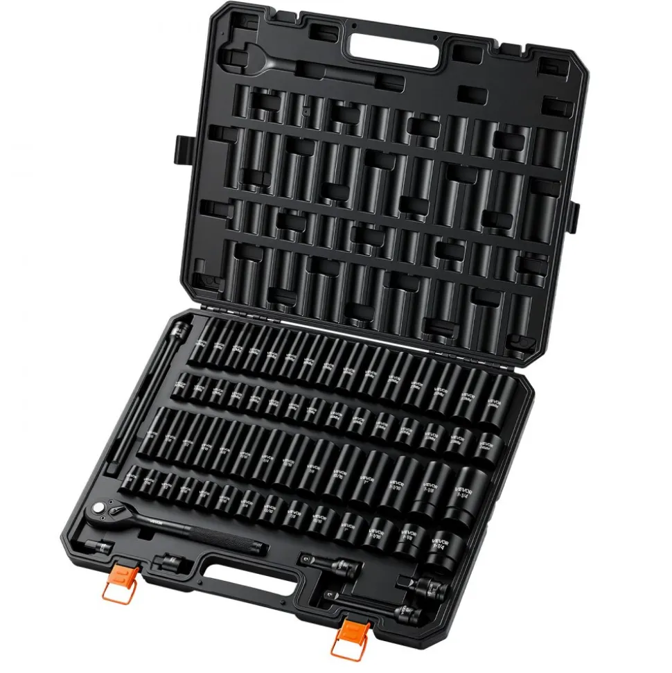 VEVOR Impact Socket Set, 1/2" Drive, 65-Piece Socket Set, 6 Point Sockets, SAE 3/8" to 1-1/4" and Metric 10-24 mm, Easy to Identify, with a Sturdy Storage Case, Cr-V Alloy Steel for Vehicles Repair