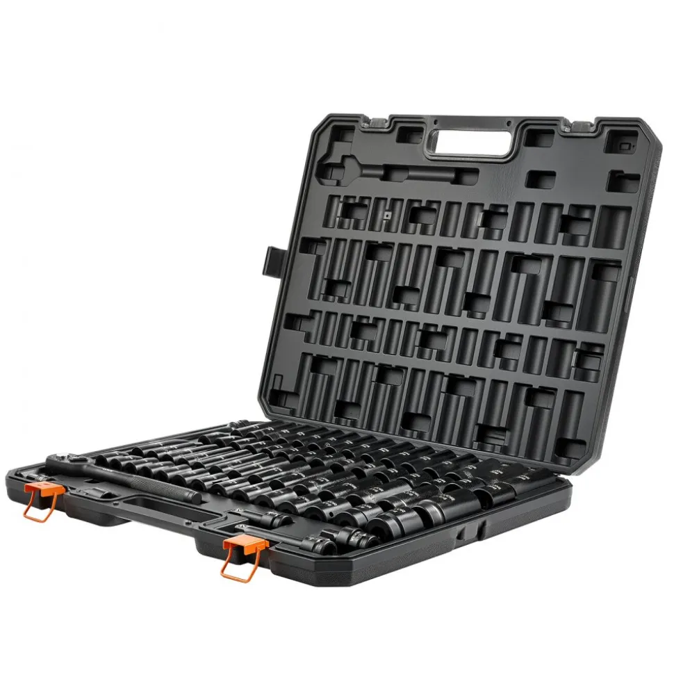 VEVOR Impact Socket Set, 1/2" Drive, 65-Piece Socket Set, 6 Point Sockets, SAE 3/8" to 1-1/4" and Metric 10-24 mm, Easy to Identify, with a Sturdy Storage Case, Cr-V Alloy Steel for Vehicles Repair