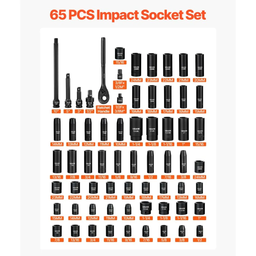 VEVOR Impact Socket Set, 1/2" Drive, 65-Piece Socket Set, 6 Point Sockets, SAE 3/8" to 1-1/4" and Metric 10-24 mm, Easy to Identify, with a Sturdy Storage Case, Cr-V Alloy Steel for Vehicles Repair