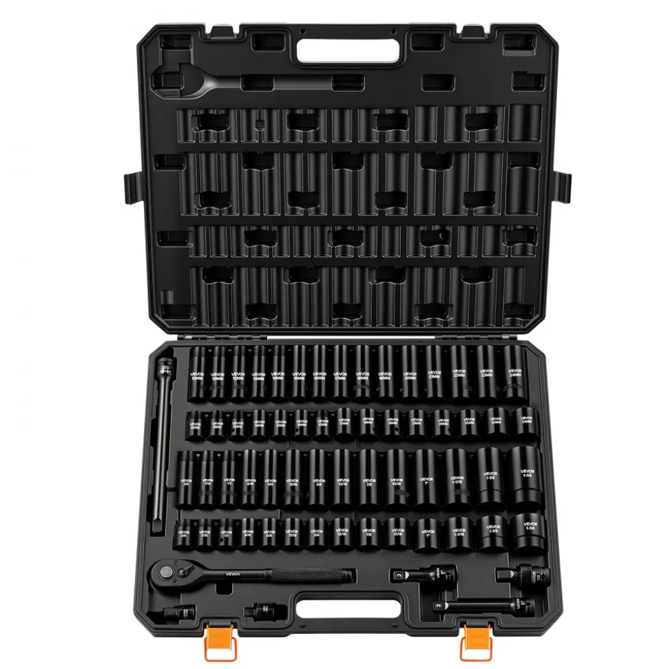 VEVOR Impact Socket Set, 1/2" Drive, 65-Piece Socket Set, 6 Point Sockets, SAE 3/8" to 1-1/4" and Metric 10-24 mm, Easy to Identify, with a Sturdy Storage Case, Cr-V Alloy Steel for Vehicles Repair