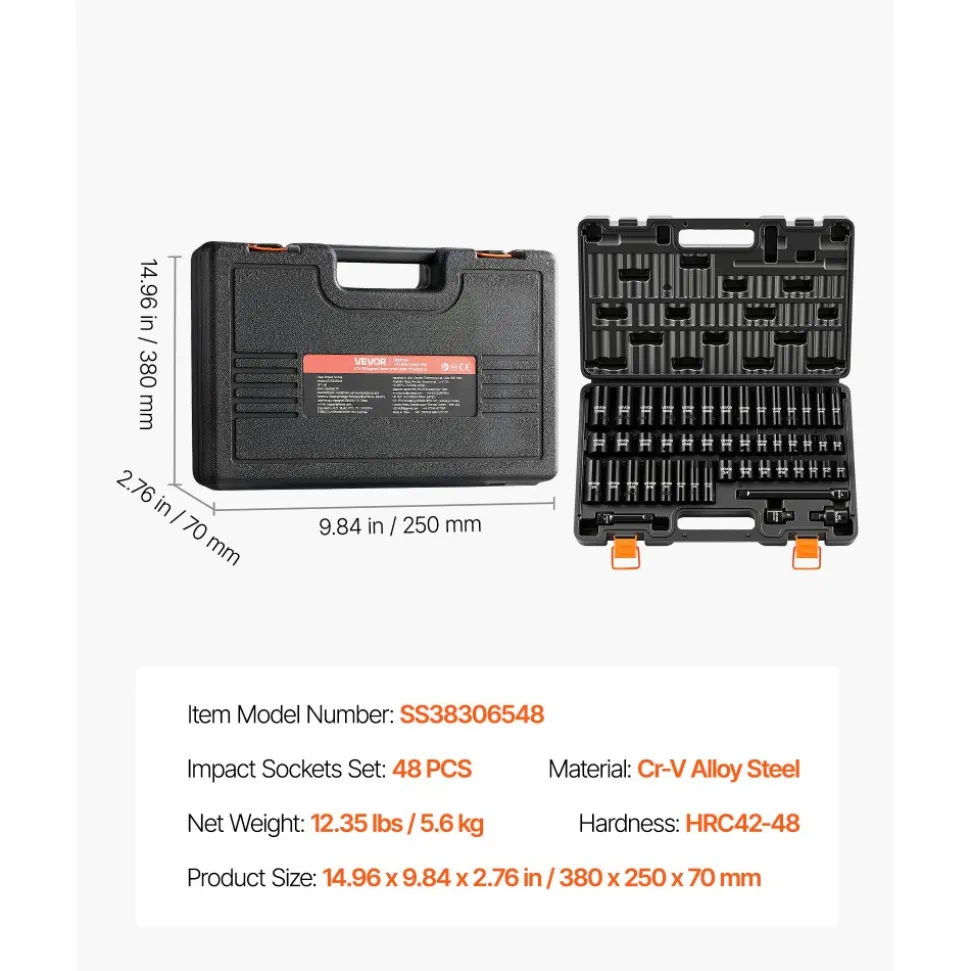 VEVOR Impact Socket Set, 3/8" Drive, 48-Piece Socket Set, 6-Point Sockets, SAE 5/16"-3/4" and Metric 8-19 mm, 21-22 mm, Easy to Identify, Cr-V Alloy Steel, Extension Bar, Adapter and Storage Cage