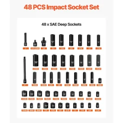 VEVOR Impact Socket Set, 3/8" Drive, 48-Piece Socket Set, 6-Point Sockets, SAE 5/16"-3/4" and Metric 8-19 mm, 21-22 mm, Easy to Identify, Cr-V Alloy Steel, Extension Bar, Adapter and Storage Cage