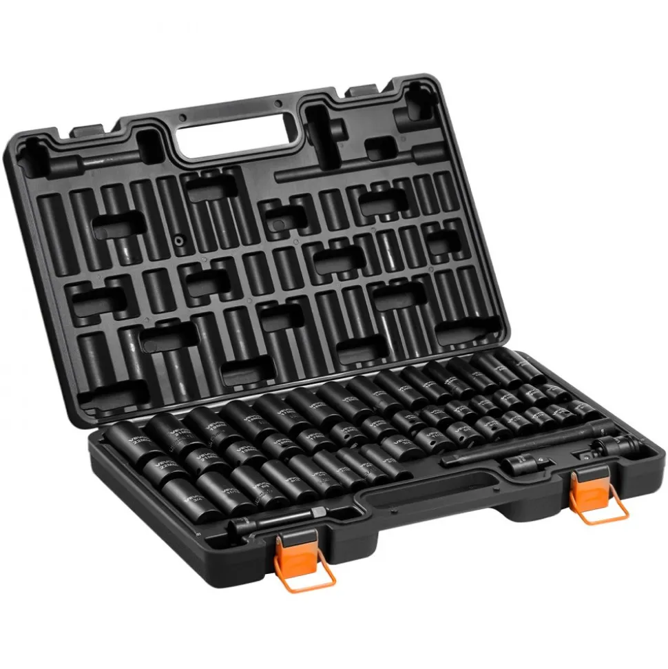 VEVOR Impact Socket Set, 3/8" Drive, 48-Piece Socket Set, 6-Point Sockets, SAE 5/16"-3/4" and Metric 8-19 mm, 21-22 mm, Easy to Identify, Cr-V Alloy Steel, Extension Bar, Adapter and Storage Cage