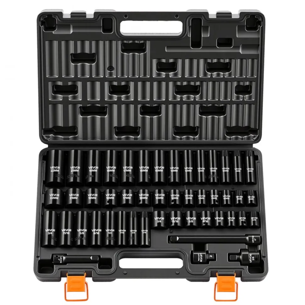 VEVOR Impact Socket Set, 3/8" Drive, 48-Piece Socket Set, 6-Point Sockets, SAE 5/16"-3/4" and Metric 8-19 mm, 21-22 mm, Easy to Identify, Cr-V Alloy Steel, Extension Bar, Adapter and Storage Cage