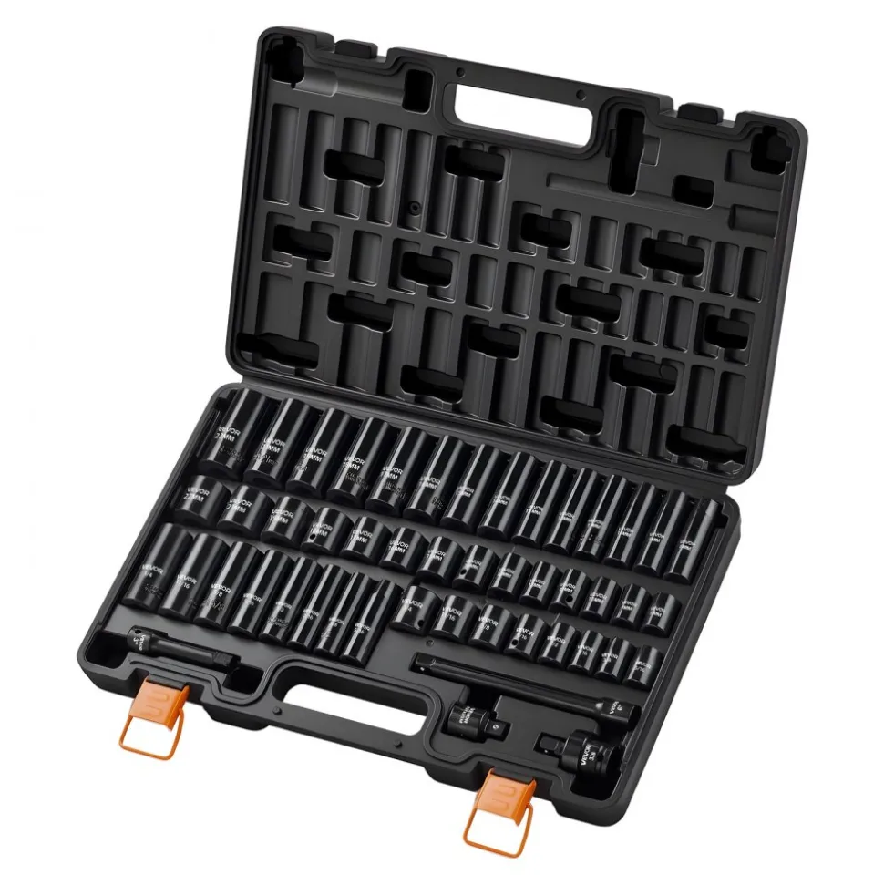 VEVOR Impact Socket Set, 3/8" Drive, 48-Piece Socket Set, 6-Point Sockets, SAE 5/16"-3/4" and Metric 8-19 mm, 21-22 mm, Easy to Identify, Cr-V Alloy Steel, Extension Bar, Adapter and Storage Cage