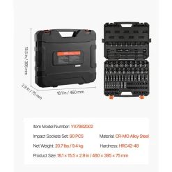 VEVOR Impact Socket Set, 3/8" Drive, 90-Piece Socket Set, 6 Point Sockets, SAE 1/4"-3/4" and Metric 6-19 mm, Easy to Identify, with Adapters, Sturdy Storage Case, Cr-Mo Alloy Steel for Vehicles Repair