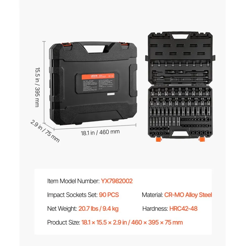 VEVOR Impact Socket Set, 3/8" Drive, 90-Piece Socket Set, 6 Point Sockets, SAE 1/4"-3/4" and Metric 6-19 mm, Easy to Identify, with Adapters, Sturdy Storage Case, Cr-Mo Alloy Steel for Vehicles Repair